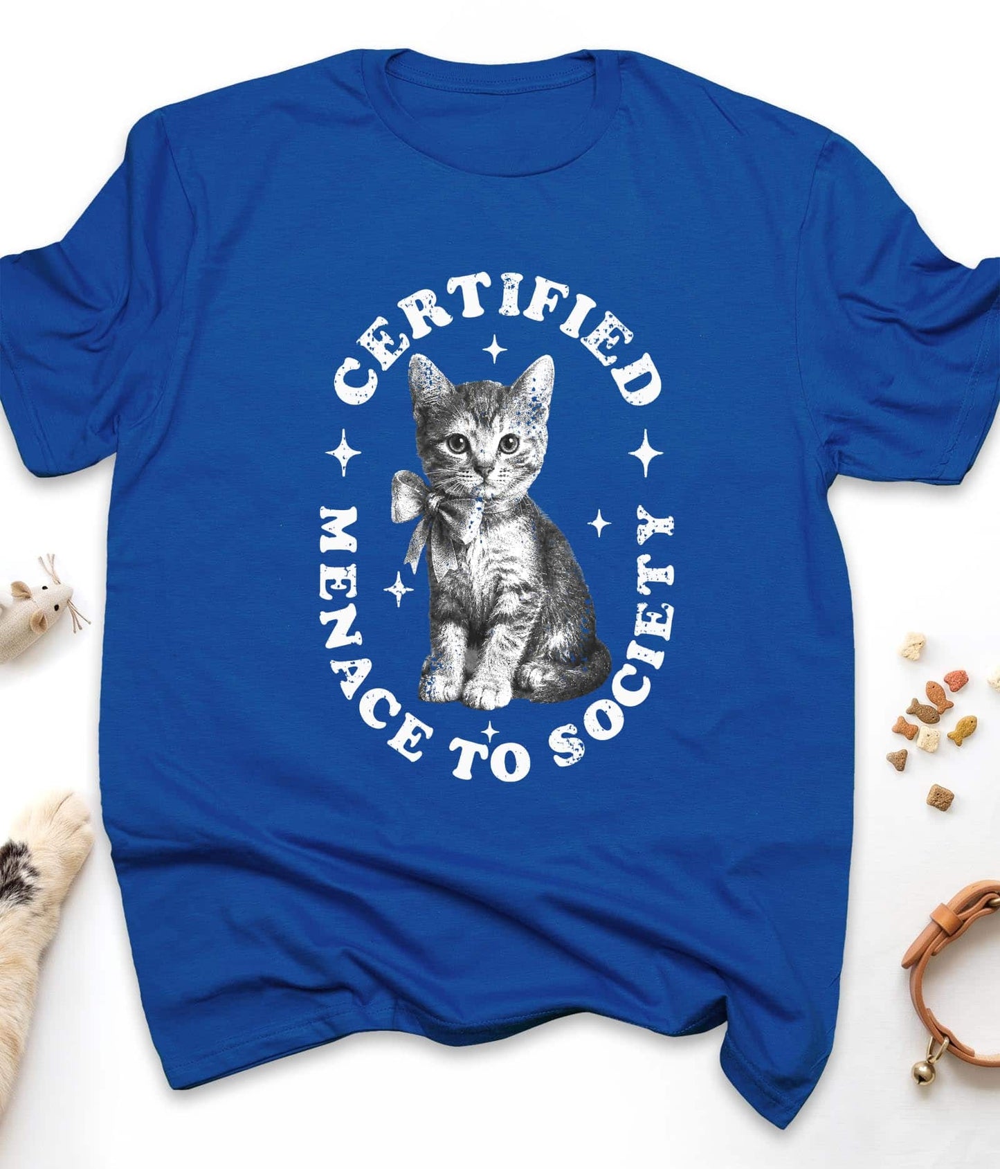 Royal funny cat t-shirt with "Certified Menace to Society" design, front view