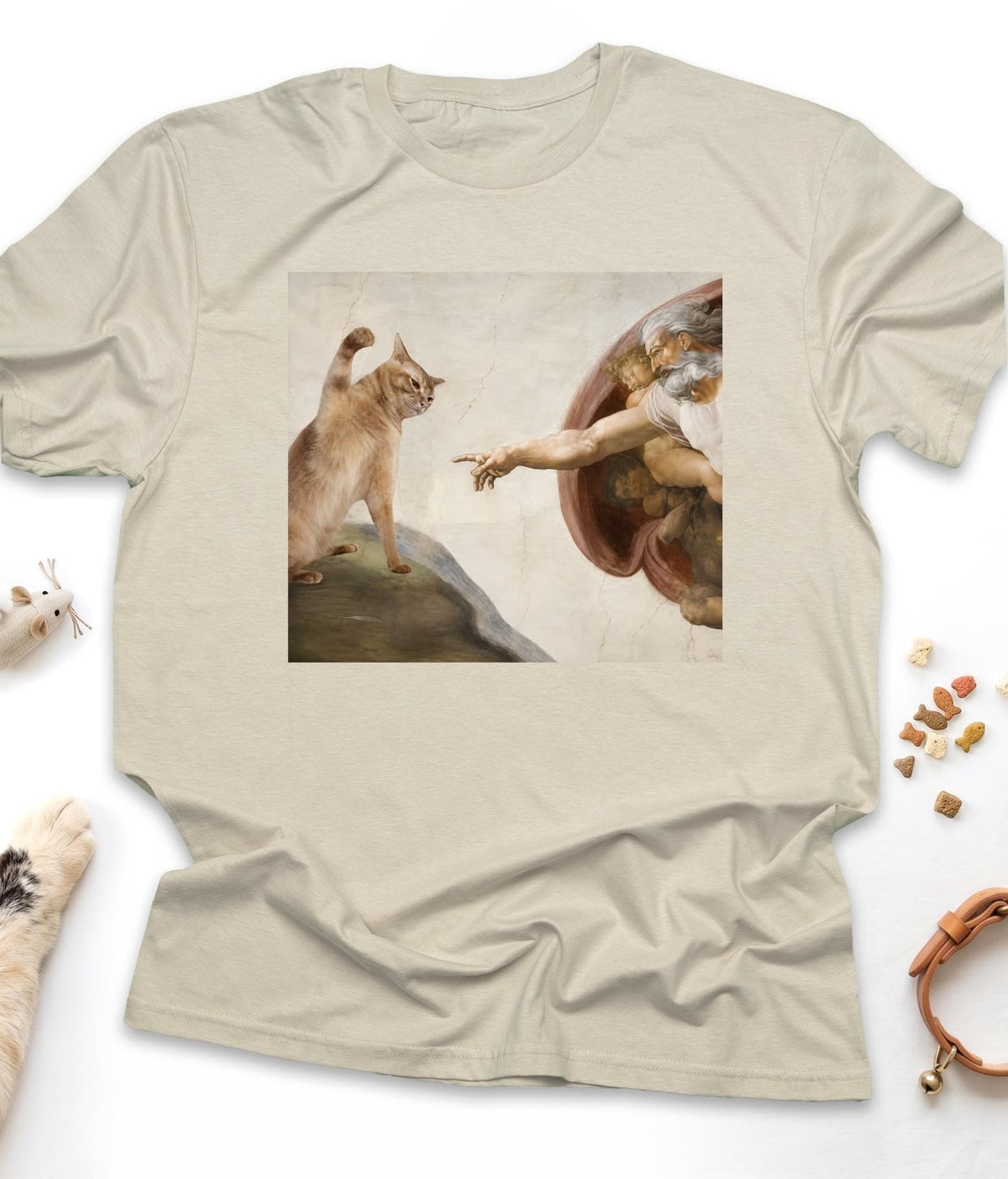 Sand funny cat t-shirt with "Divine Paw of Creation" design, front view