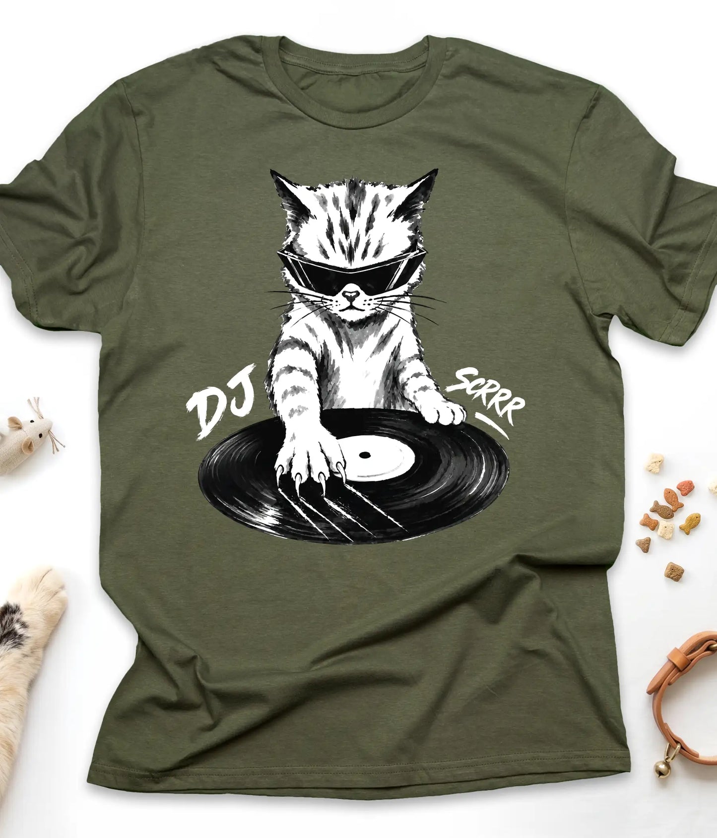 Military Green funny cat t-shirt with "DJ Scrrr Cat" design, flat lay top view