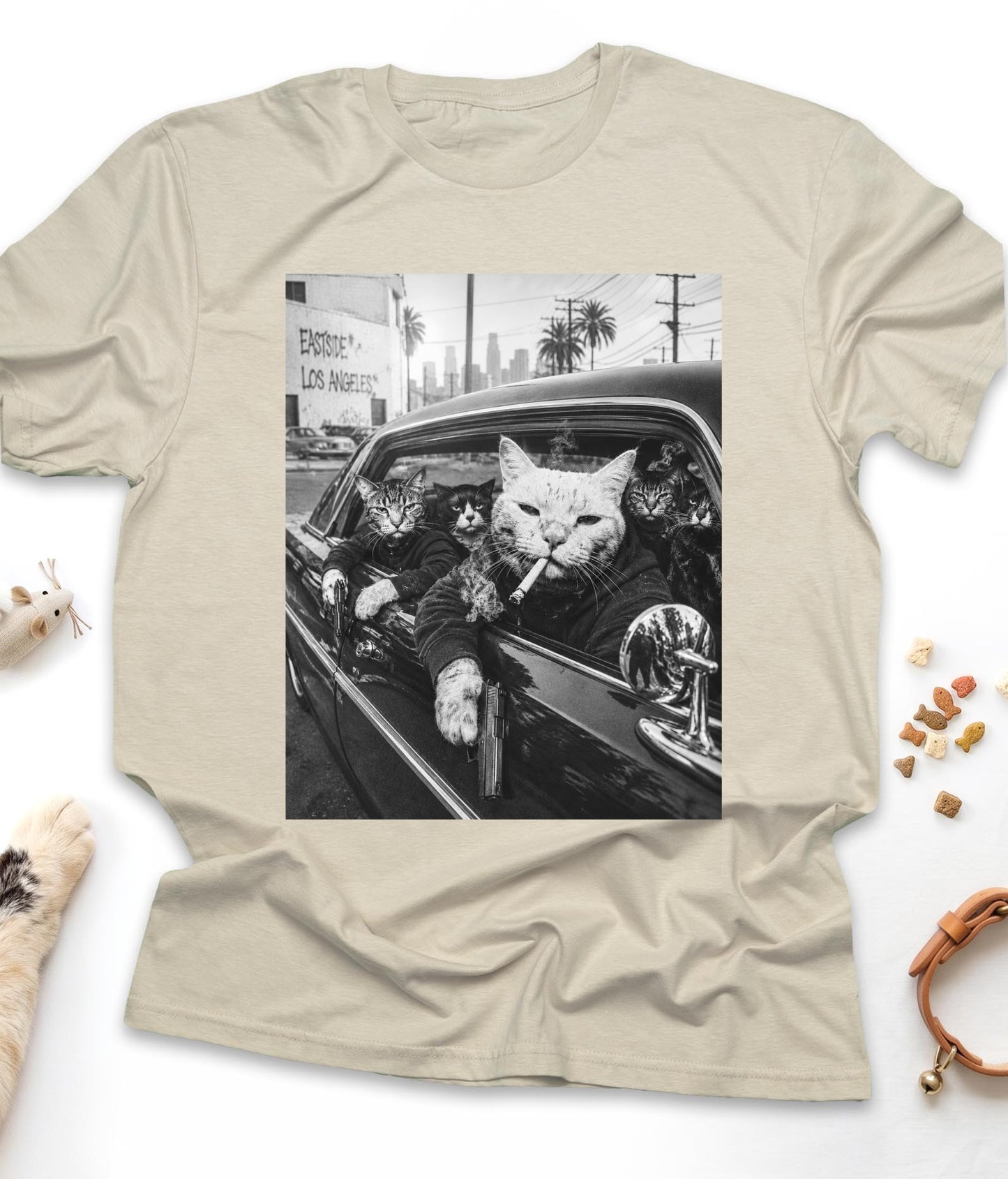 Sand funny cat t-shirt with "Gangster Cats" design, front view