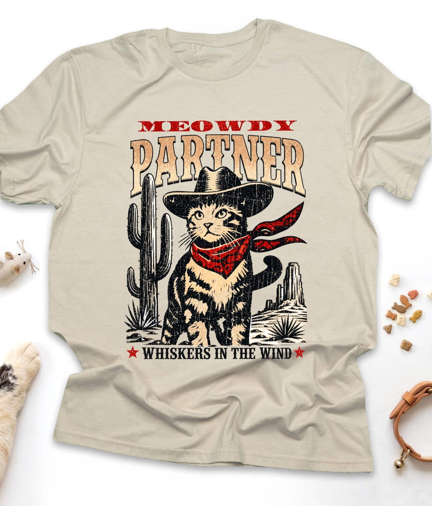 Sand funny cat t-shirt with "Meowdy Partner" design, front view