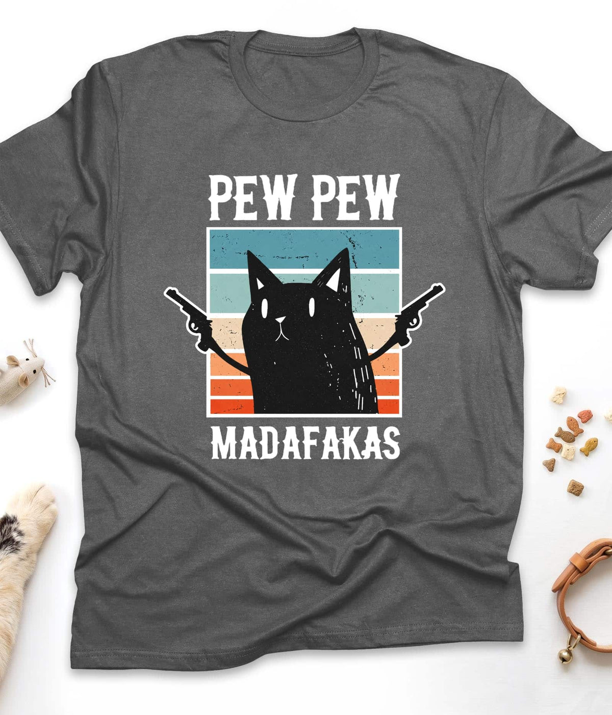 Dark Heather funny cat t-shirt with "Pew Pew Madafakas" design, front view