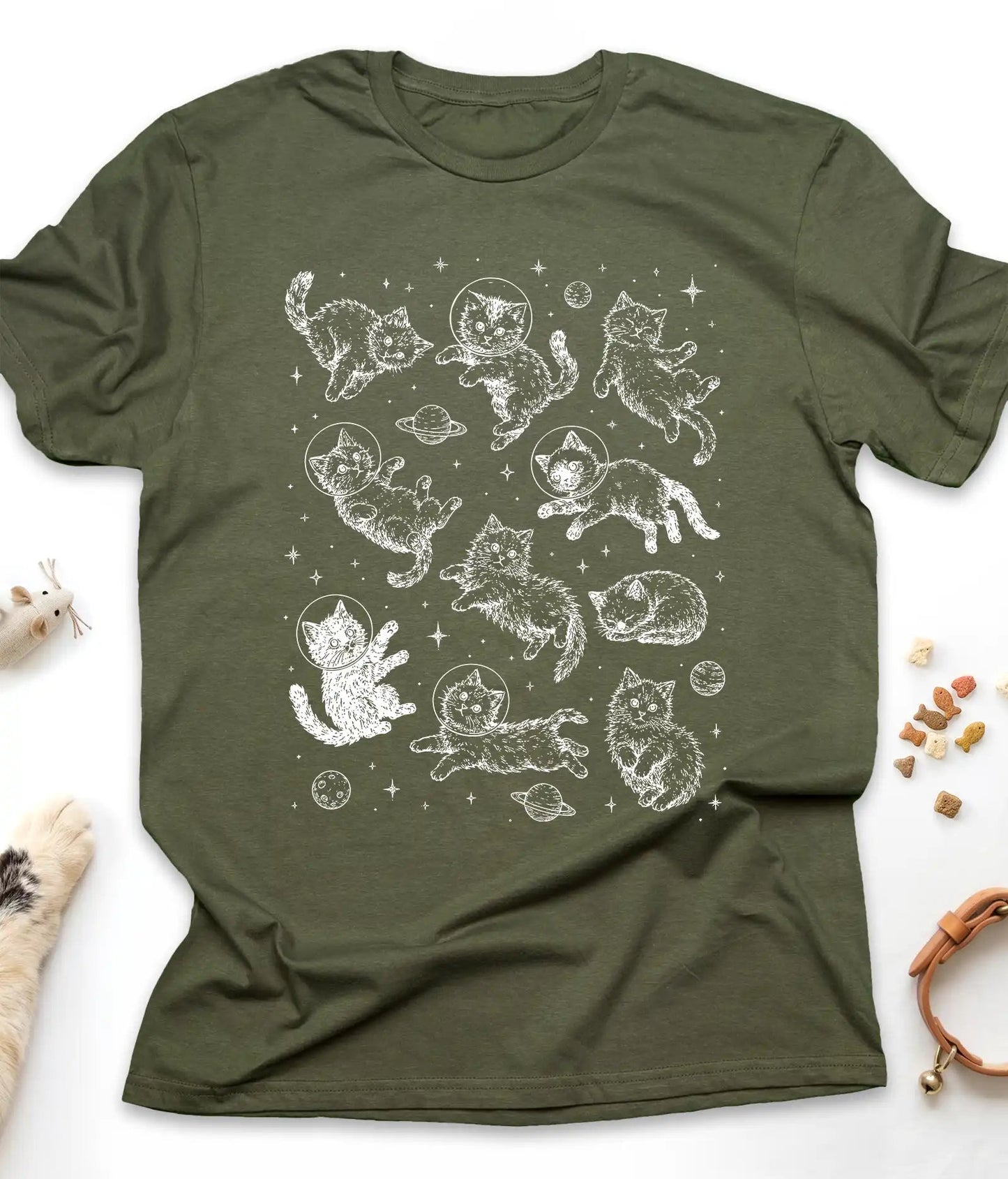 Military Green funny cat t-shirt with astronaut kittens floating in space, flat lay top view