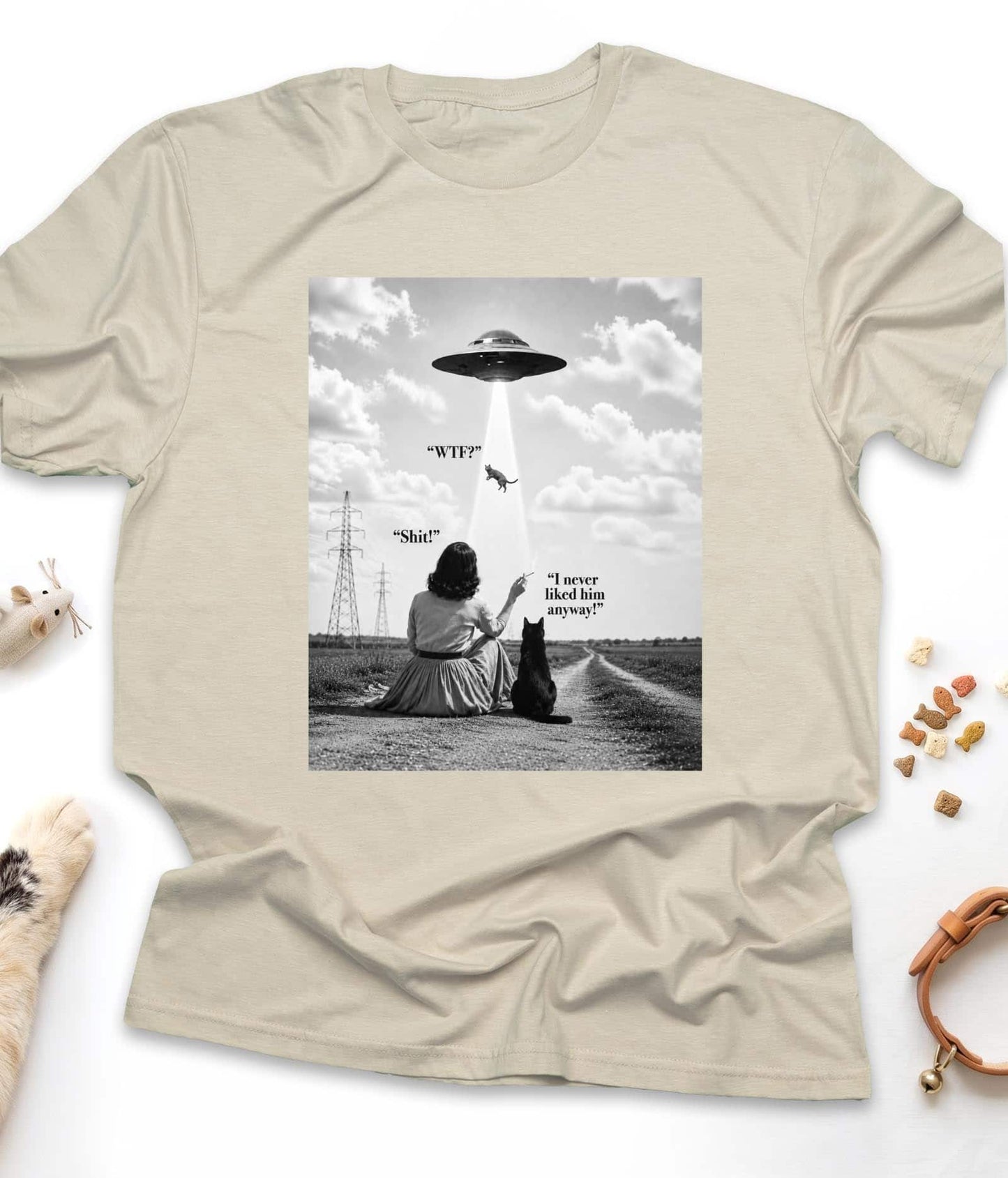 Sand funny cat t-shirt with "UFO Abduction Cat" design, front view