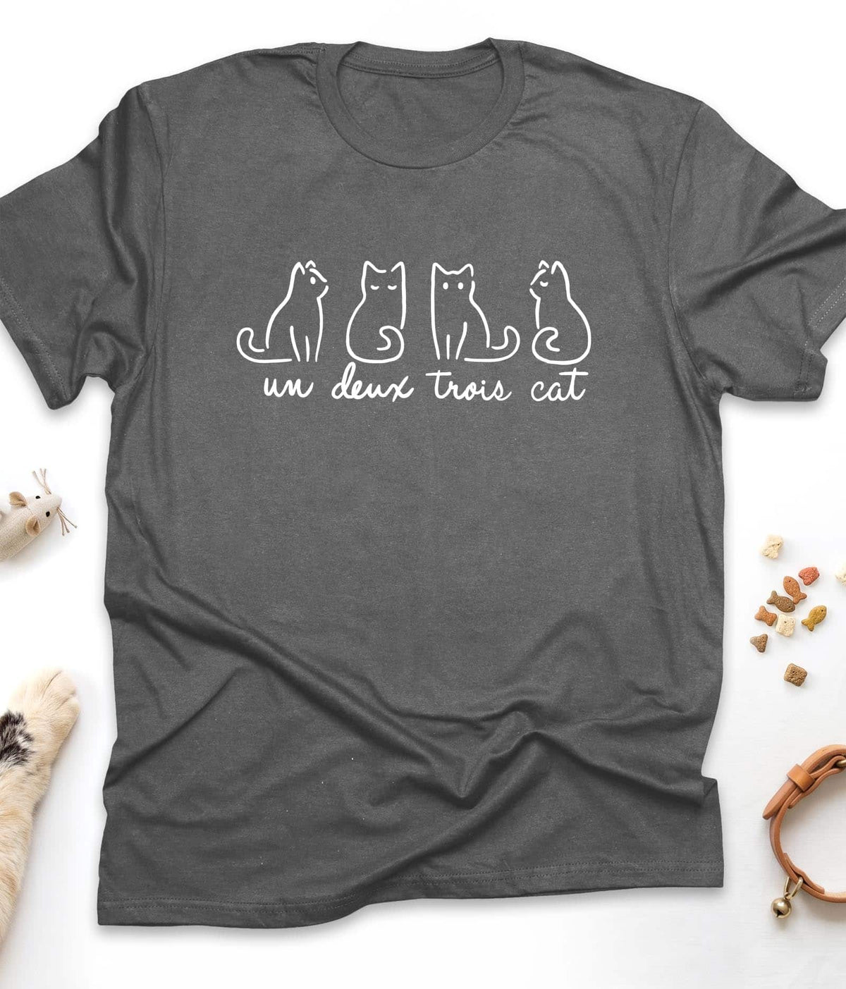 Dark Heather funny cat t-shirt with "Un Deux Trois Cat" design, front view