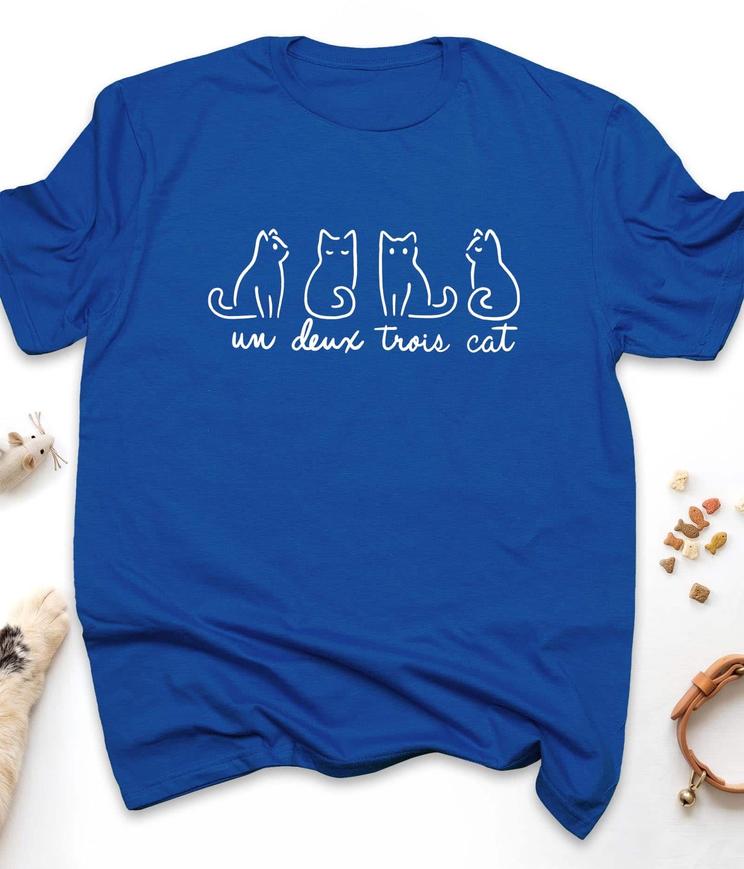 Royal funny cat t-shirt with "Un Deux Trois Cat" design, front view