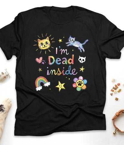 Black funny cat t-shirt with colorful doodle "I'm Dead Inside" design, flat lay top view
