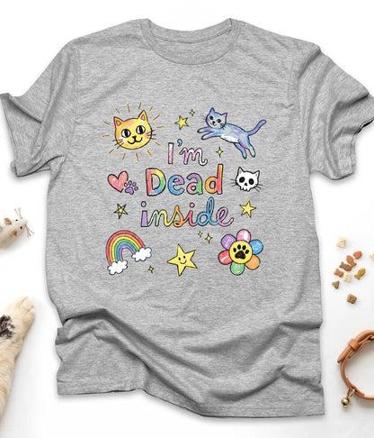 Sport Grey funny cat t-shirt with colorful doodle "I'm Dead Inside" design, flat lay top view