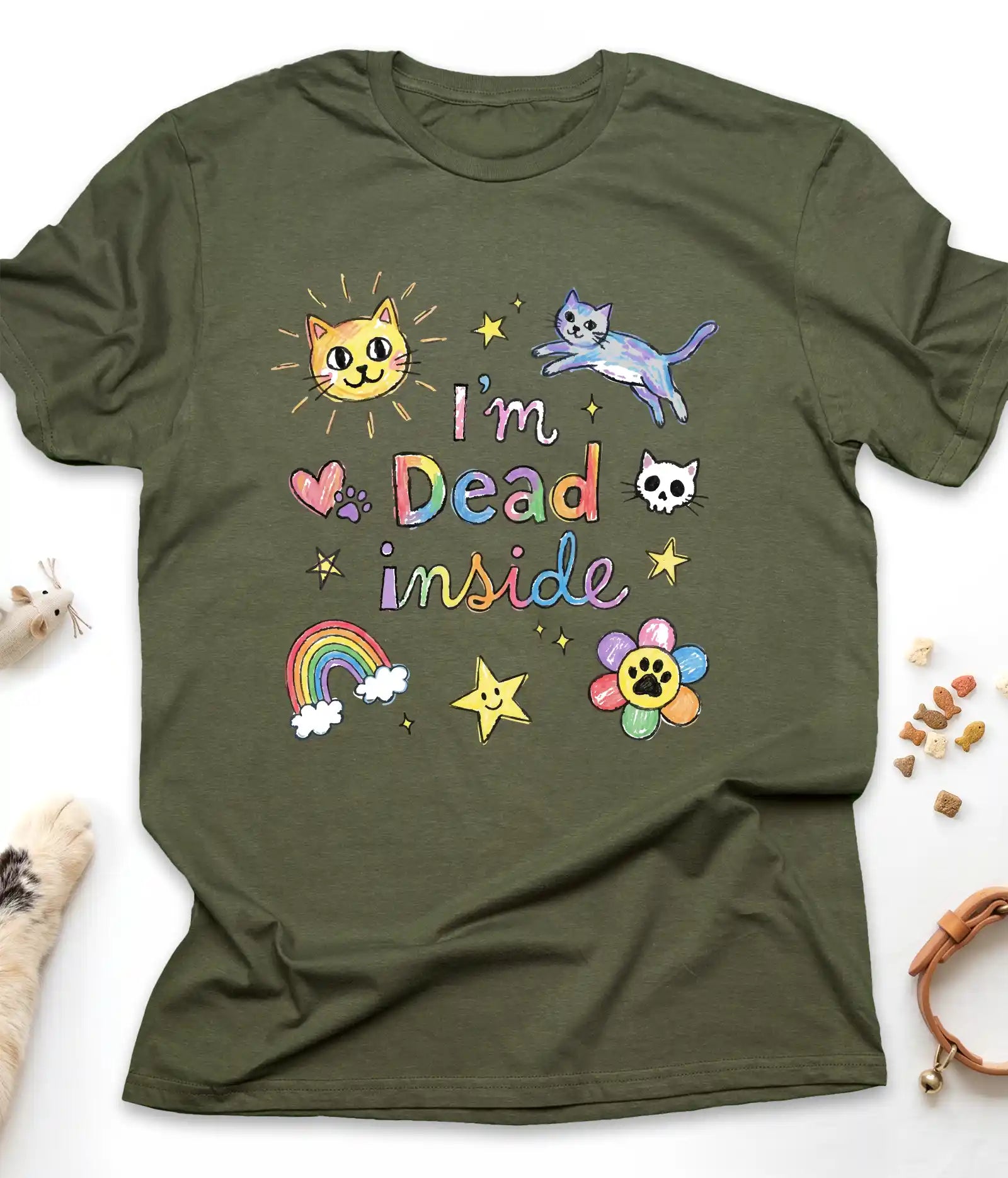 Military Green funny cat t-shirt with colorful doodle "I'm Dead Inside" design, flat lay top view