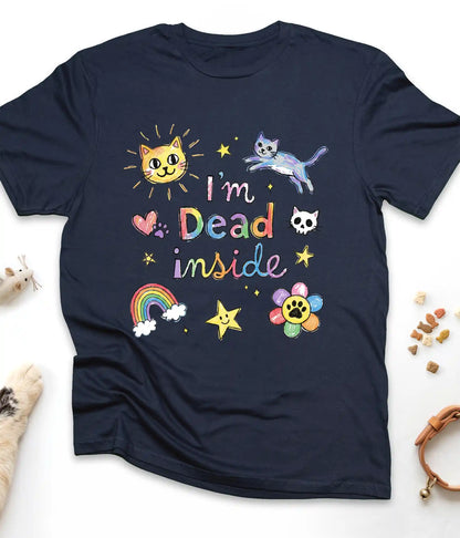 Navy funny cat t-shirt with colorful doodle "I'm Dead Inside" design, flat lay top view
