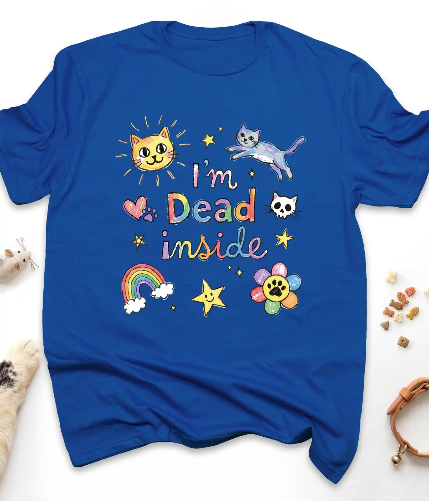 Royal funny cat t-shirt with colorful doodle "I'm Dead Inside" design, flat lay top view