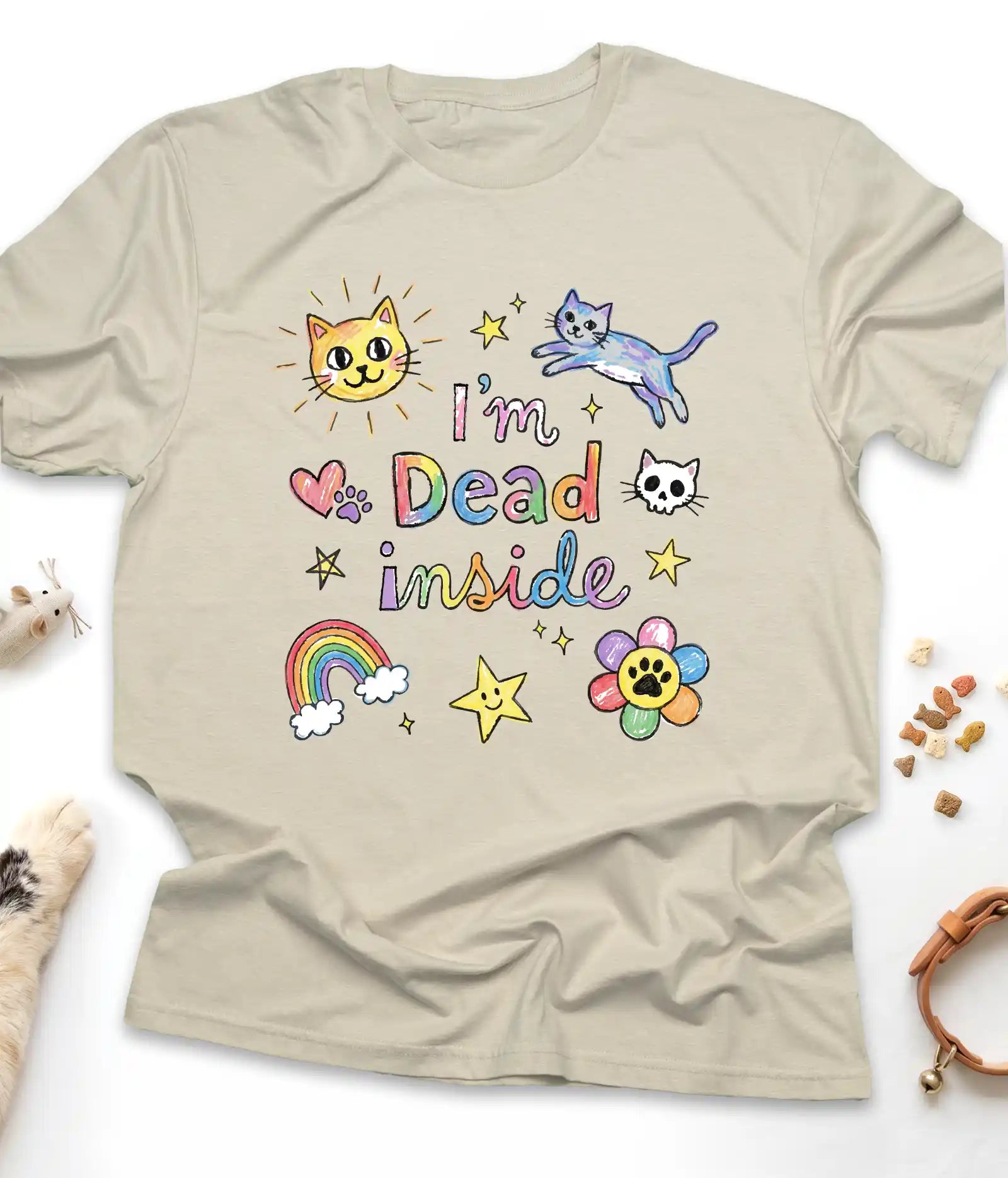 Sand funny cat t-shirt with colorful doodle "I'm Dead Inside" design, flat lay top view