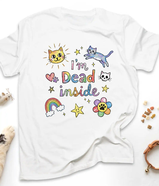 White funny cat t-shirt with colorful doodle "I'm Dead Inside" design, flat lay top view