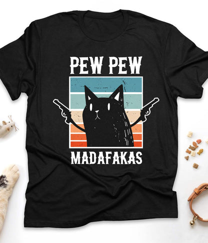 Black funny cat t-shirt with "Pew Pew Madafakas" design, front view