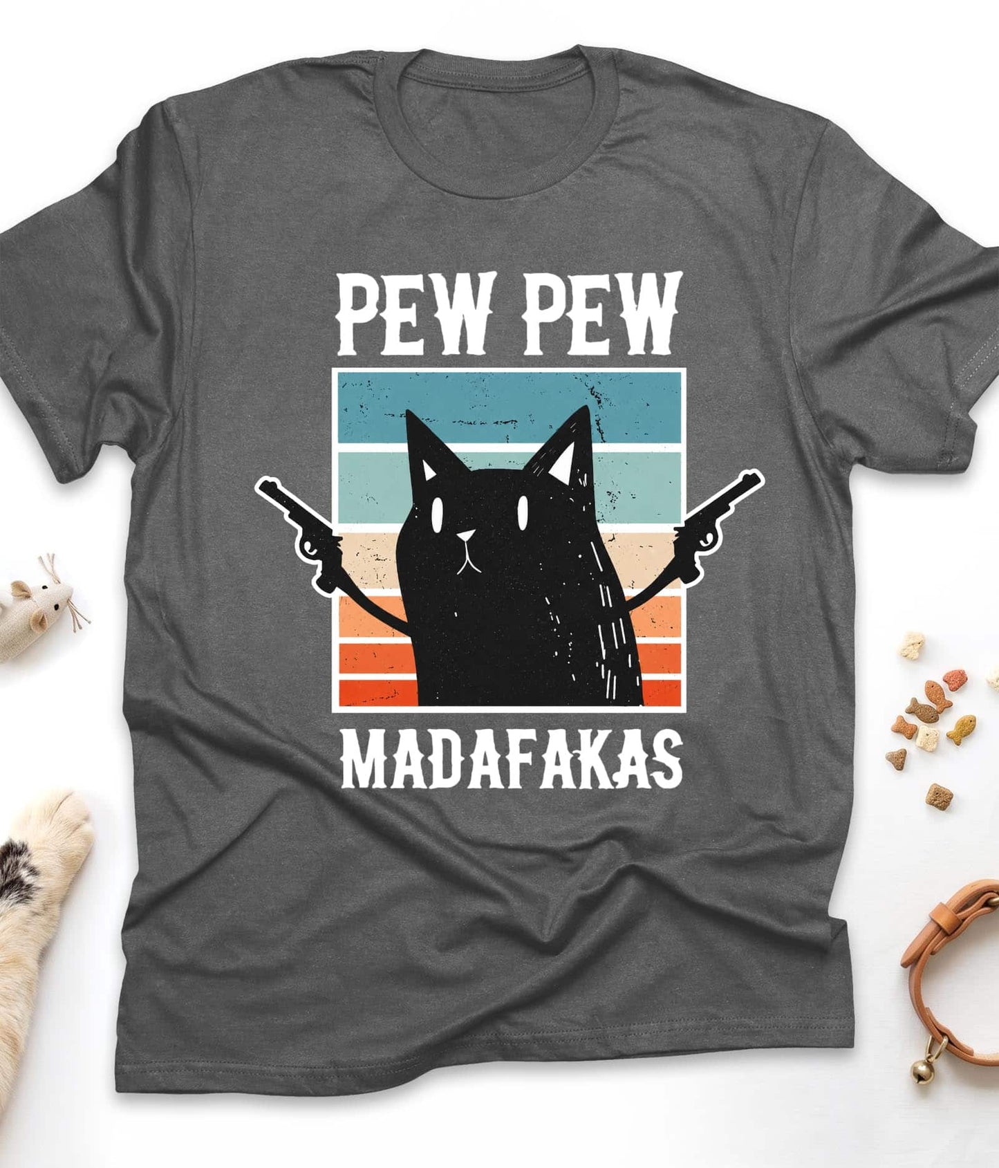 Dark Heather funny cat t-shirt with "Pew Pew Madafakas" design, front view