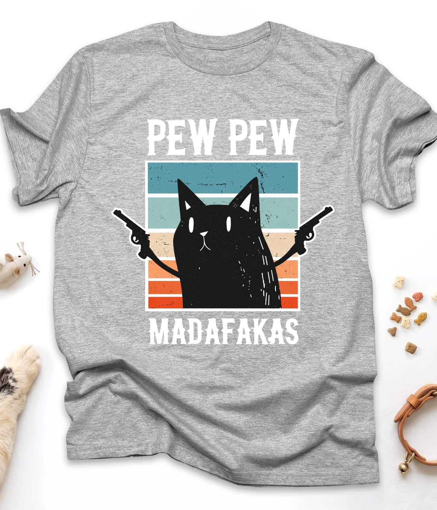 Sport Grey funny cat t-shirt with "Pew Pew Madafakas" design, front view