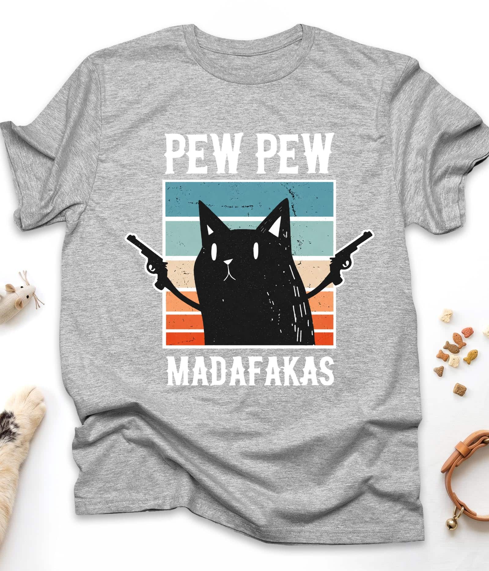 Sport Grey funny cat t-shirt with "Pew Pew Madafakas" design, front view