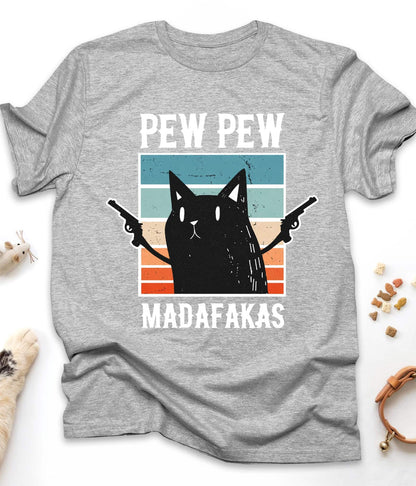Sport Grey funny cat t-shirt with "Pew Pew Madafakas" design, front view