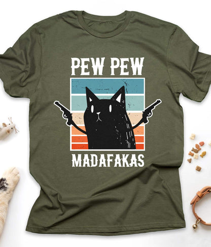 Military Green funny cat t-shirt with "Pew Pew Madafakas" design, front view
