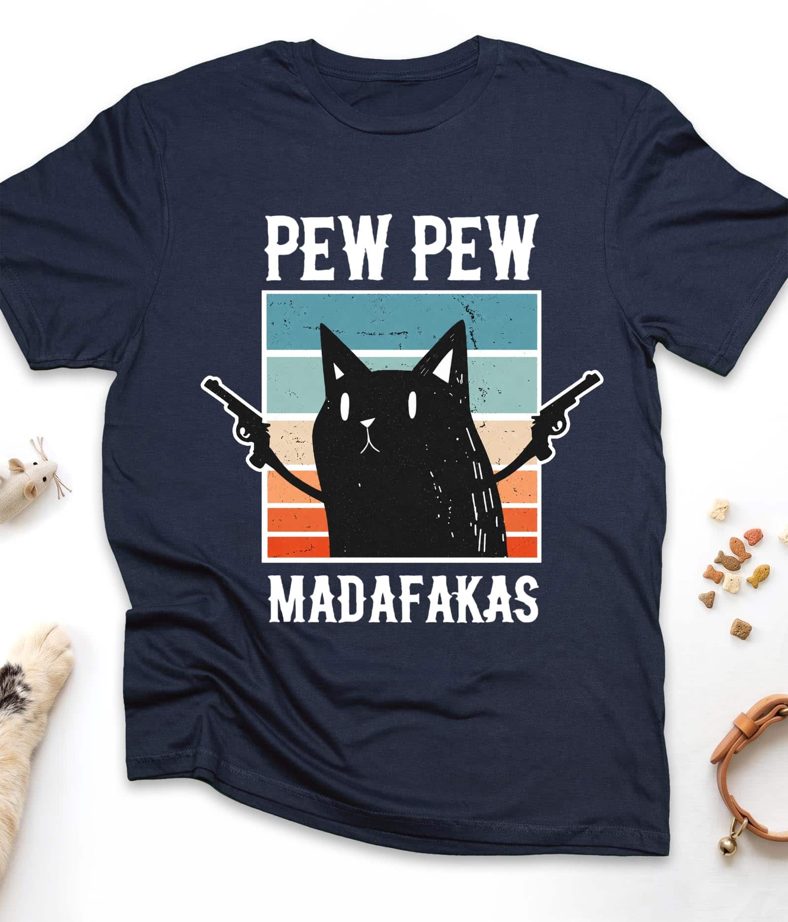 Navy funny cat t-shirt with "Pew Pew Madafakas" design, front view