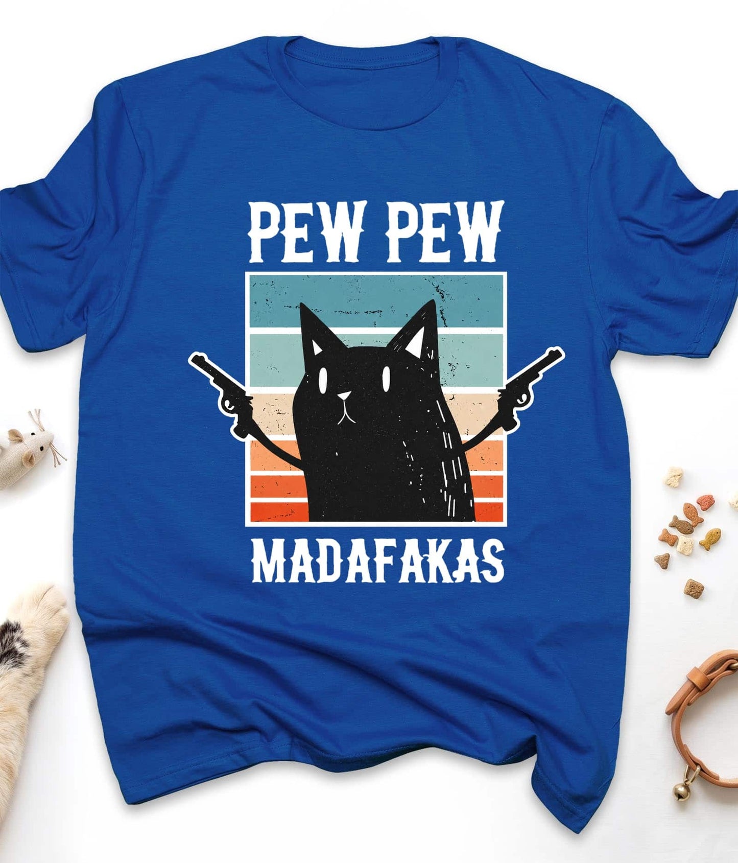 Royal funny cat t-shirt with "Pew Pew Madafakas" design, front view