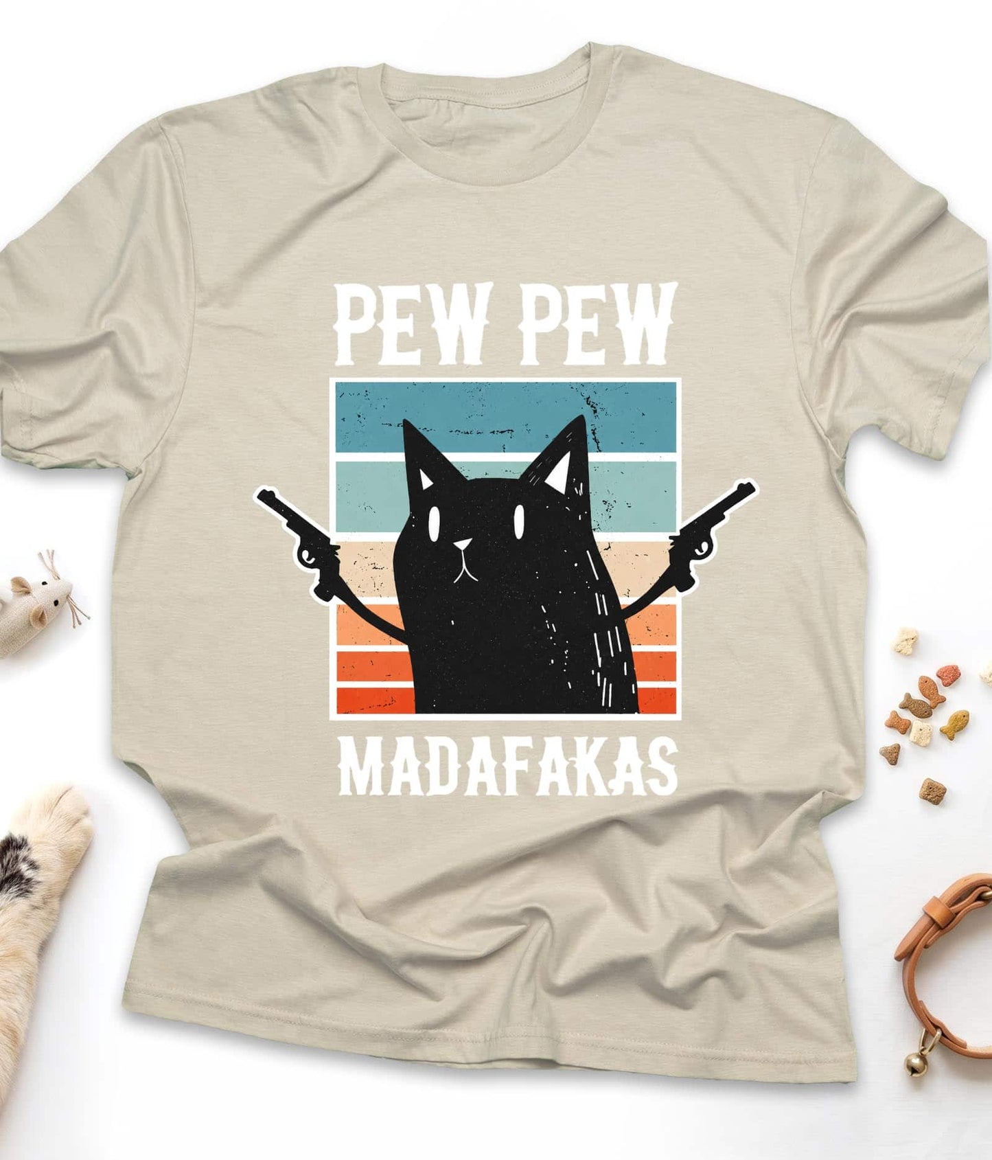 Sand funny cat t-shirt with "Pew Pew Madafakas" design, front view