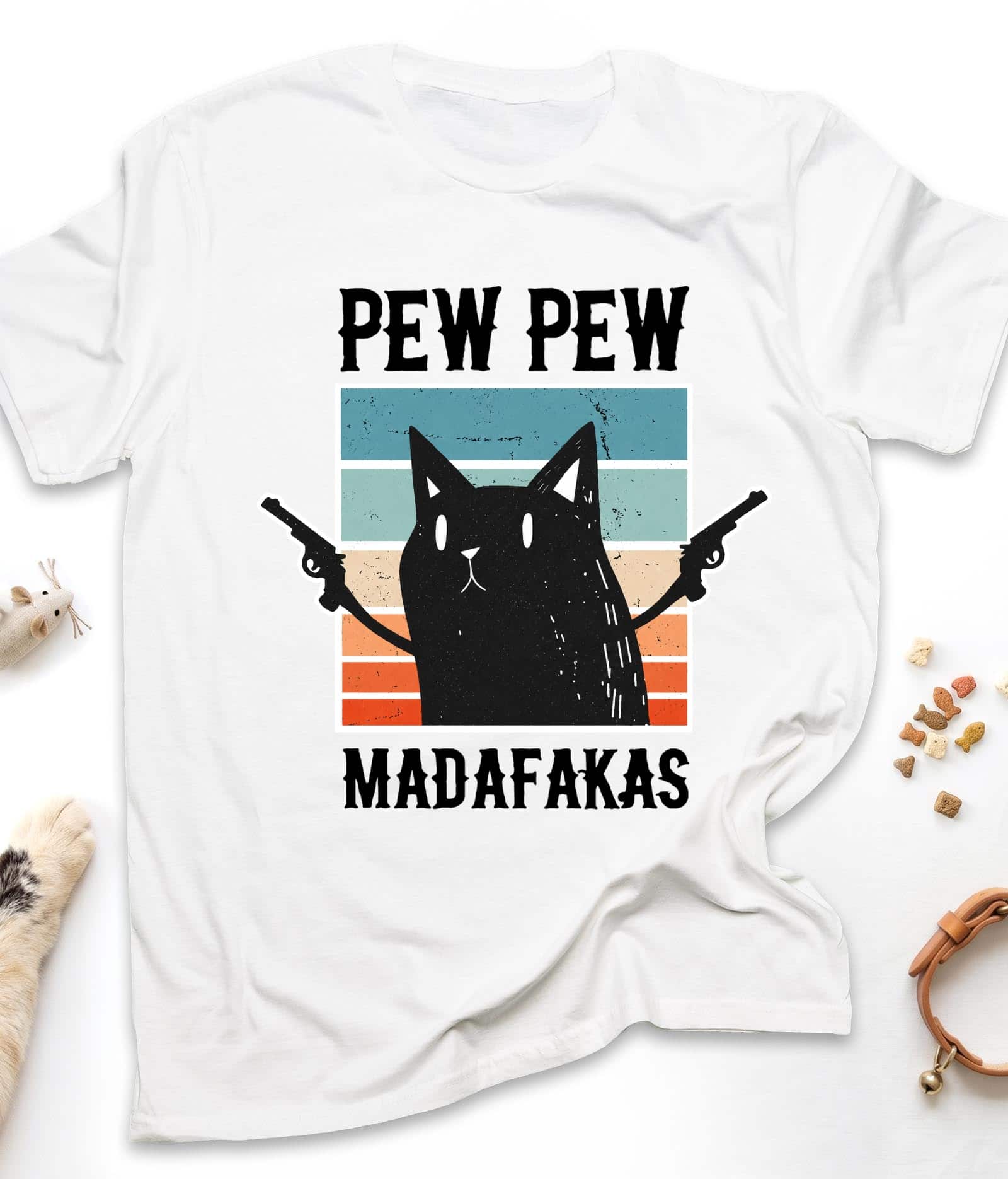 White funny cat t-shirt with "Pew Pew Madafakas" design, front view