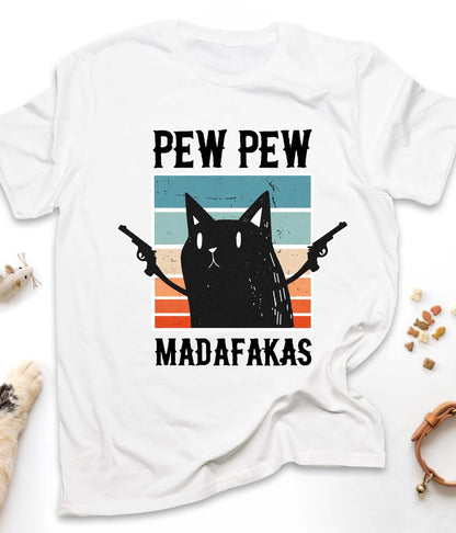 White funny cat t-shirt with "Pew Pew Madafakas" design, front view
