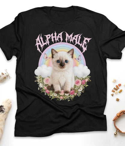 Black funny cat t-shirt with an Alpha Male kitten and rainbow design, flat lay top view
