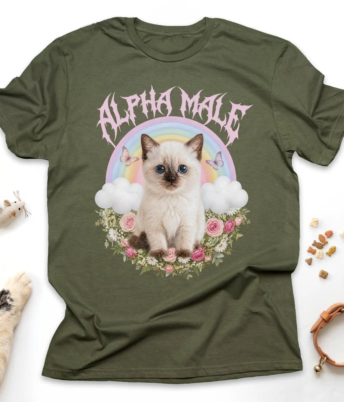 Military Green funny cat t-shirt with an Alpha Male kitten and rainbow design, flat lay top view