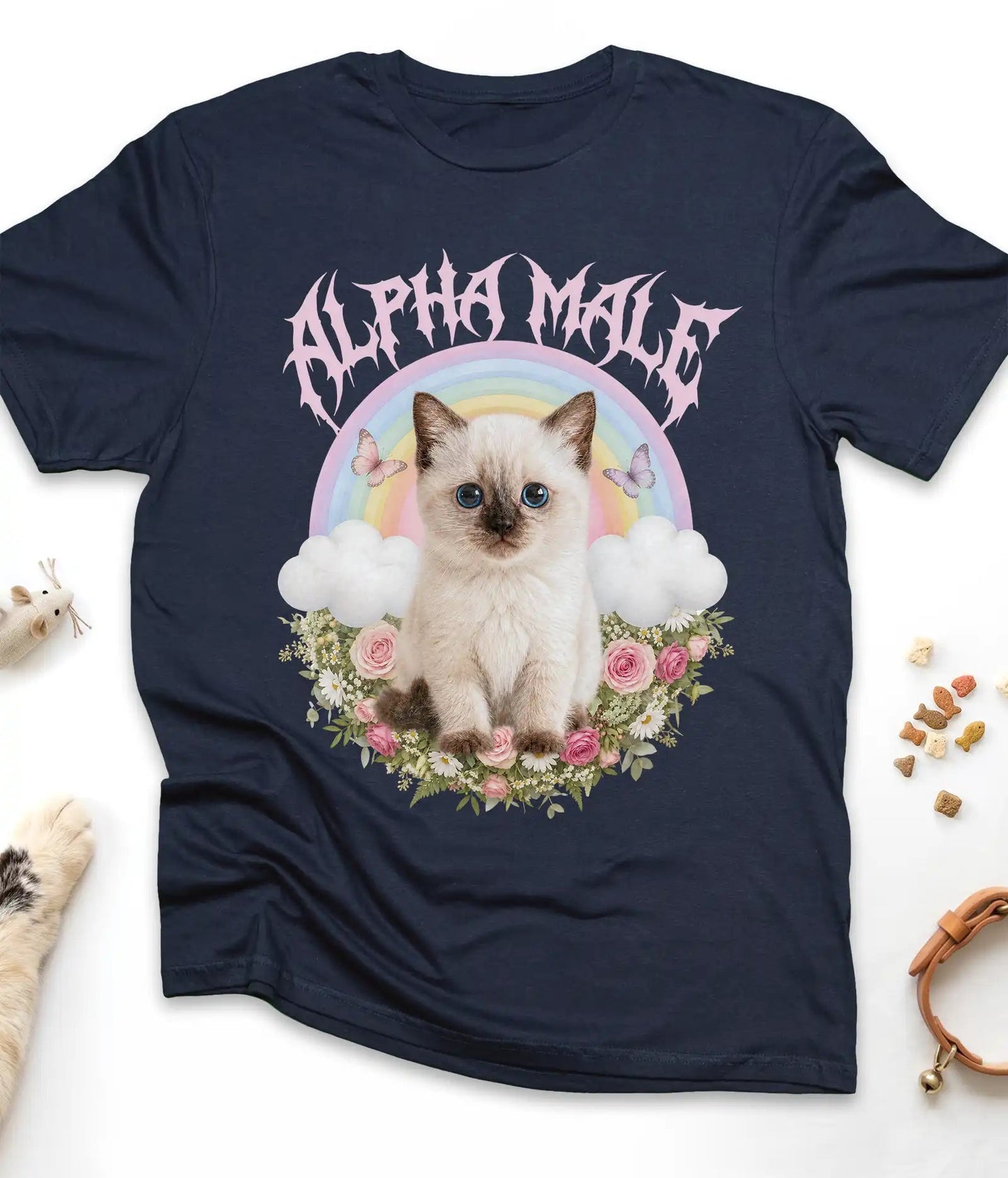 Navy funny cat t-shirt with an Alpha Male kitten and rainbow design, flat lay top view