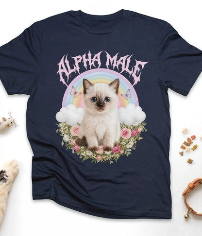 Navy funny cat t-shirt with an Alpha Male kitten and rainbow design, flat lay top view