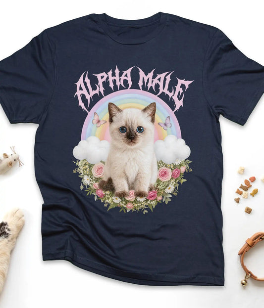 Navy funny cat t-shirt with an Alpha Male kitten and rainbow design, flat lay top view