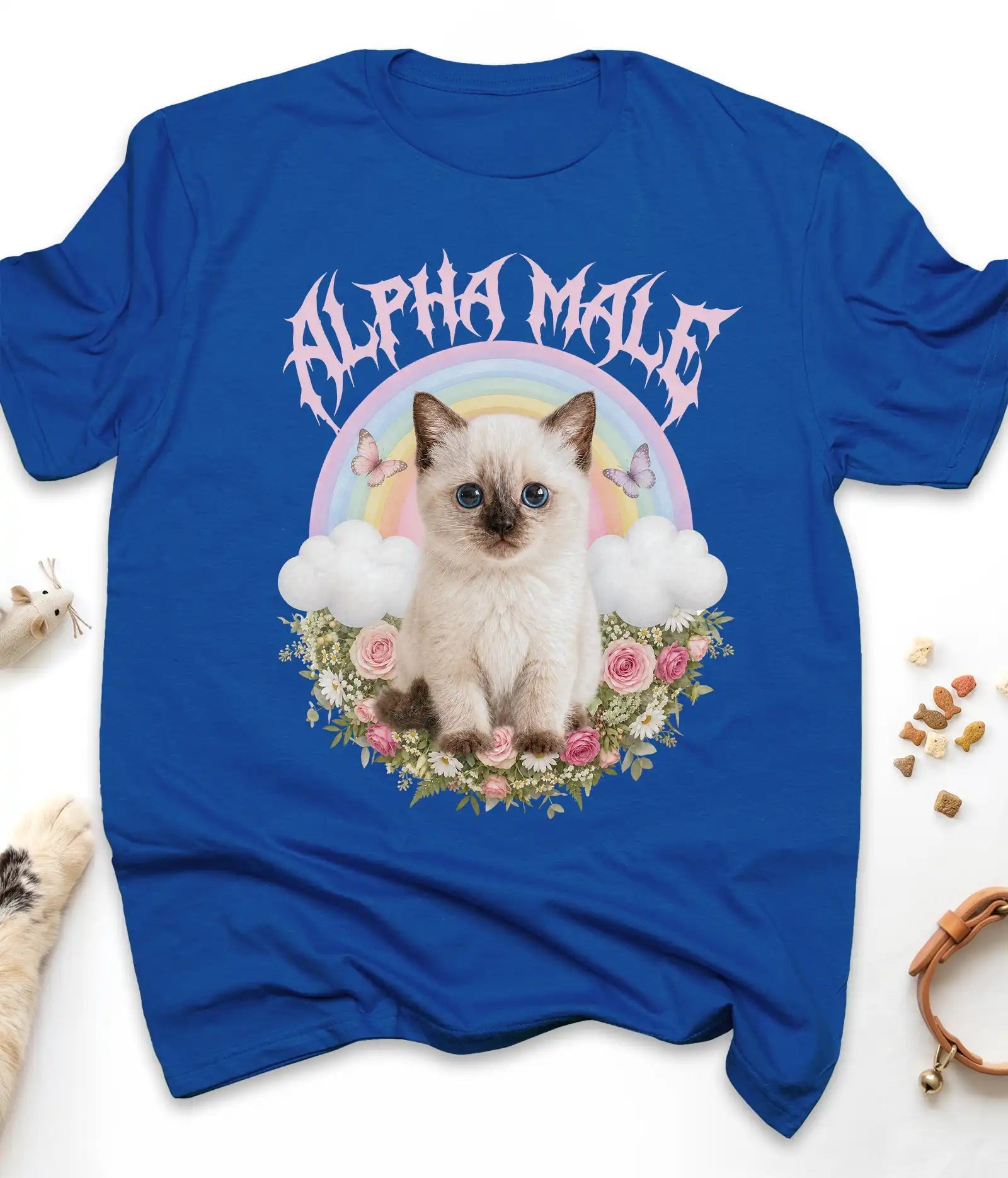 Royal funny cat t-shirt with an Alpha Male kitten and rainbow design, flat lay top view