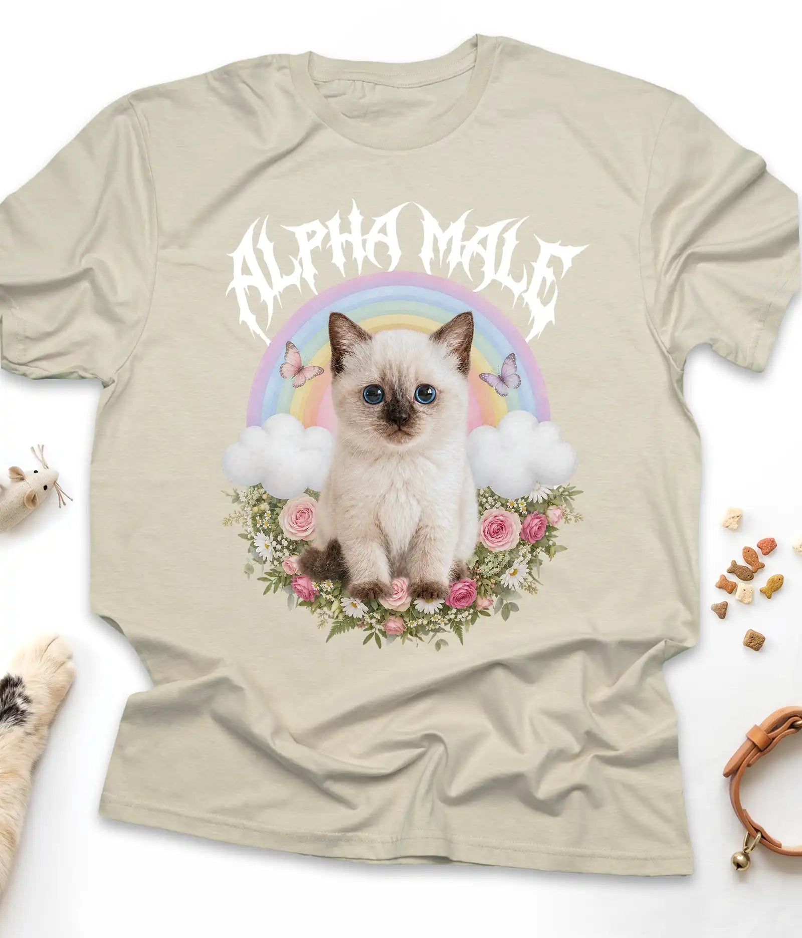 Sand funny cat t-shirt with an Alpha Male kitten and rainbow design, flat lay top view