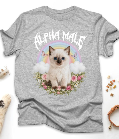 Sport Grey funny cat t-shirt with an Alpha Male kitten and rainbow design, flat lay top view