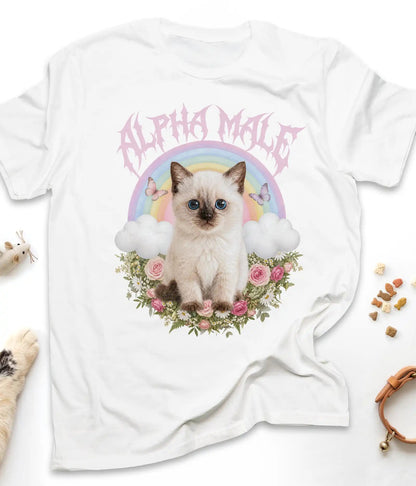 White funny cat t-shirt with an Alpha Male kitten and rainbow design, flat lay top view