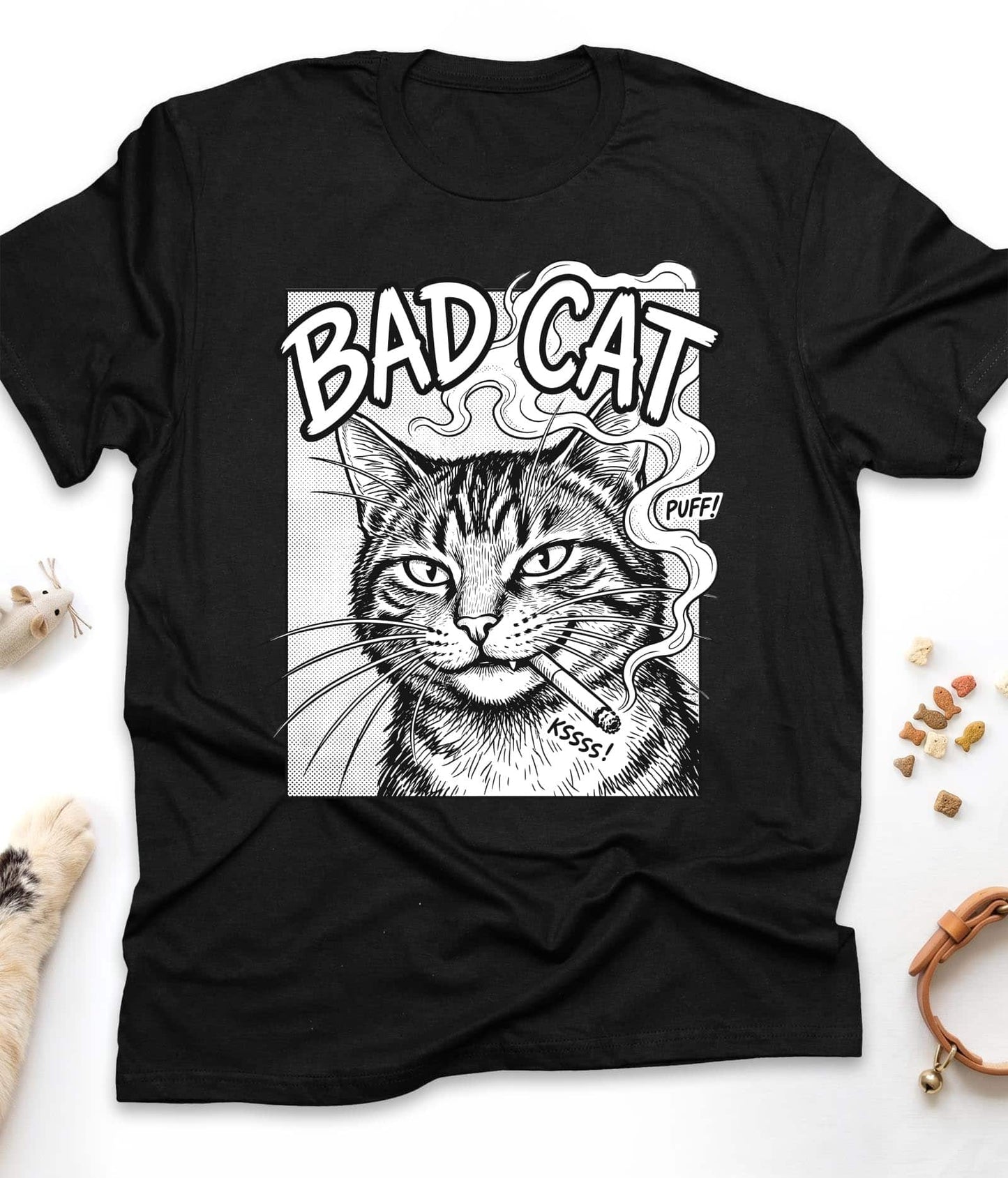 Black funny cat t-shirt with "Bad Cat" design, front view