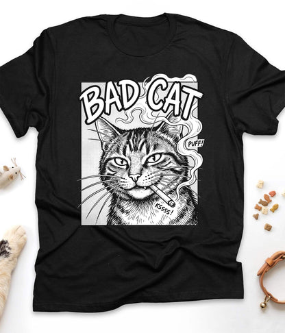 Black funny cat t-shirt with "Bad Cat" design, front view
