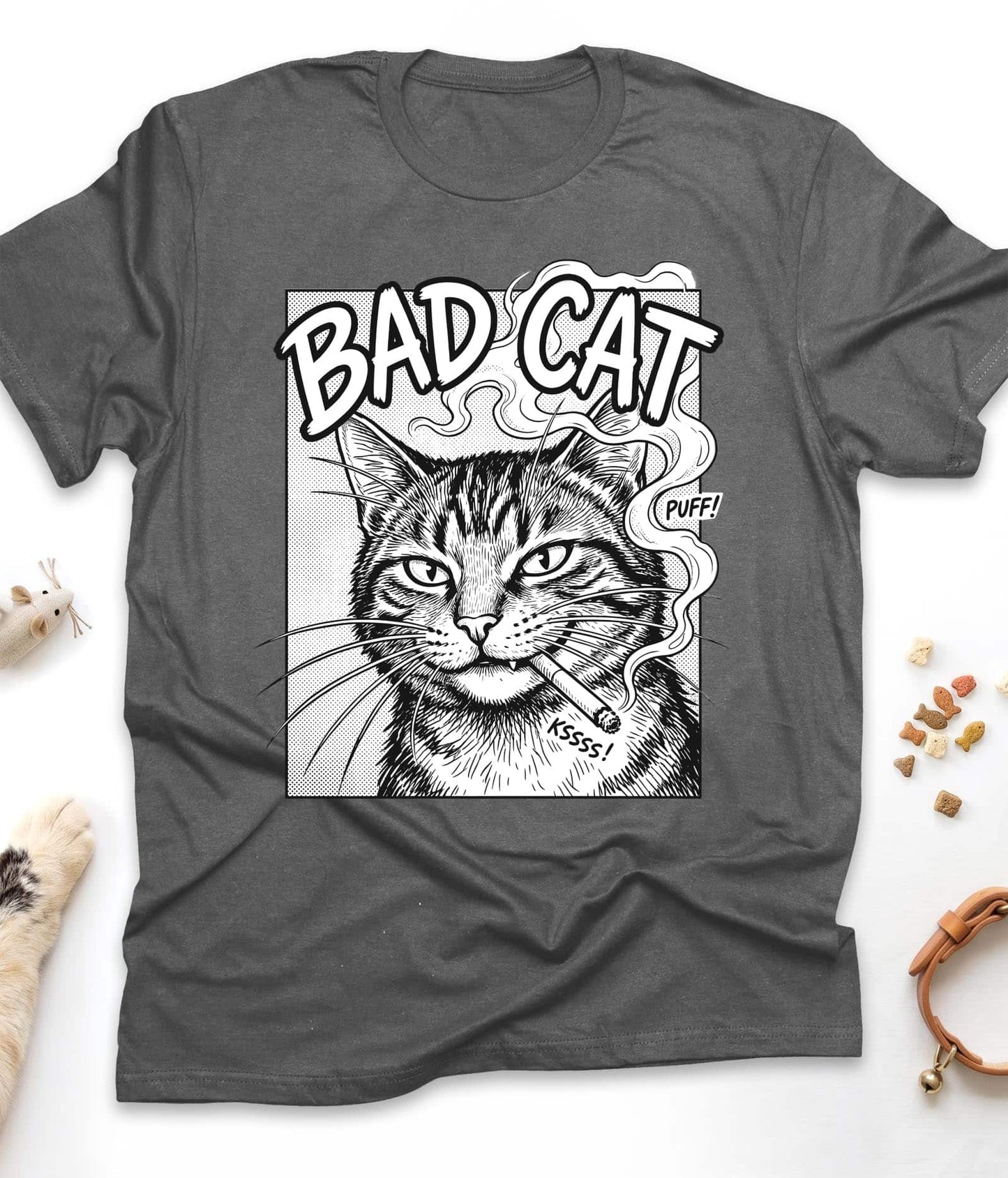 Dark Heather funny cat t-shirt with "Bad Cat" design, front view