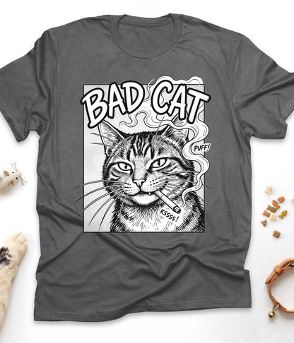Dark Heather funny cat t-shirt with "Bad Cat" design, front view