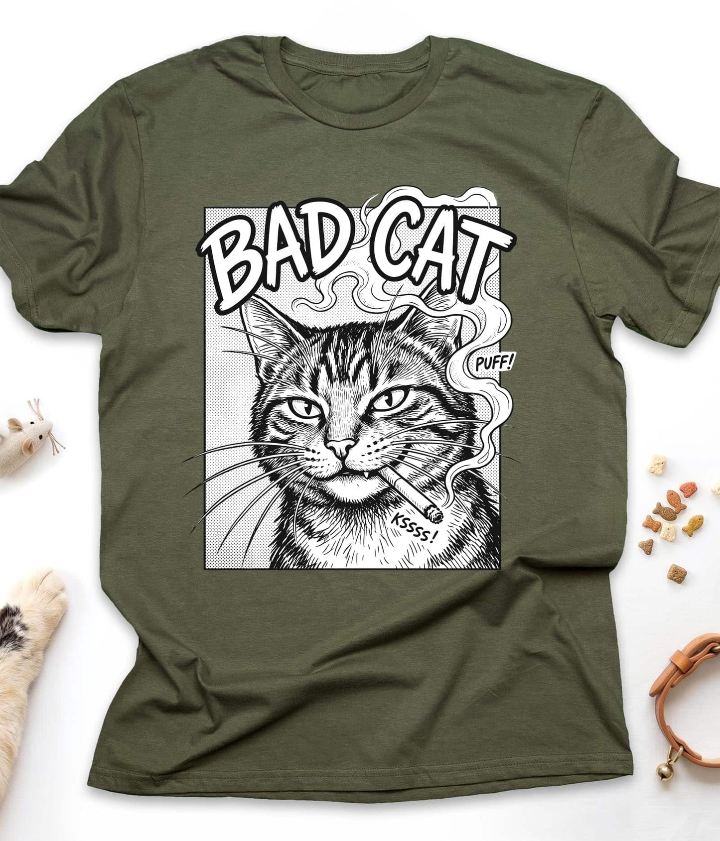 Military Green funny cat t-shirt with "Bad Cat" design, front view