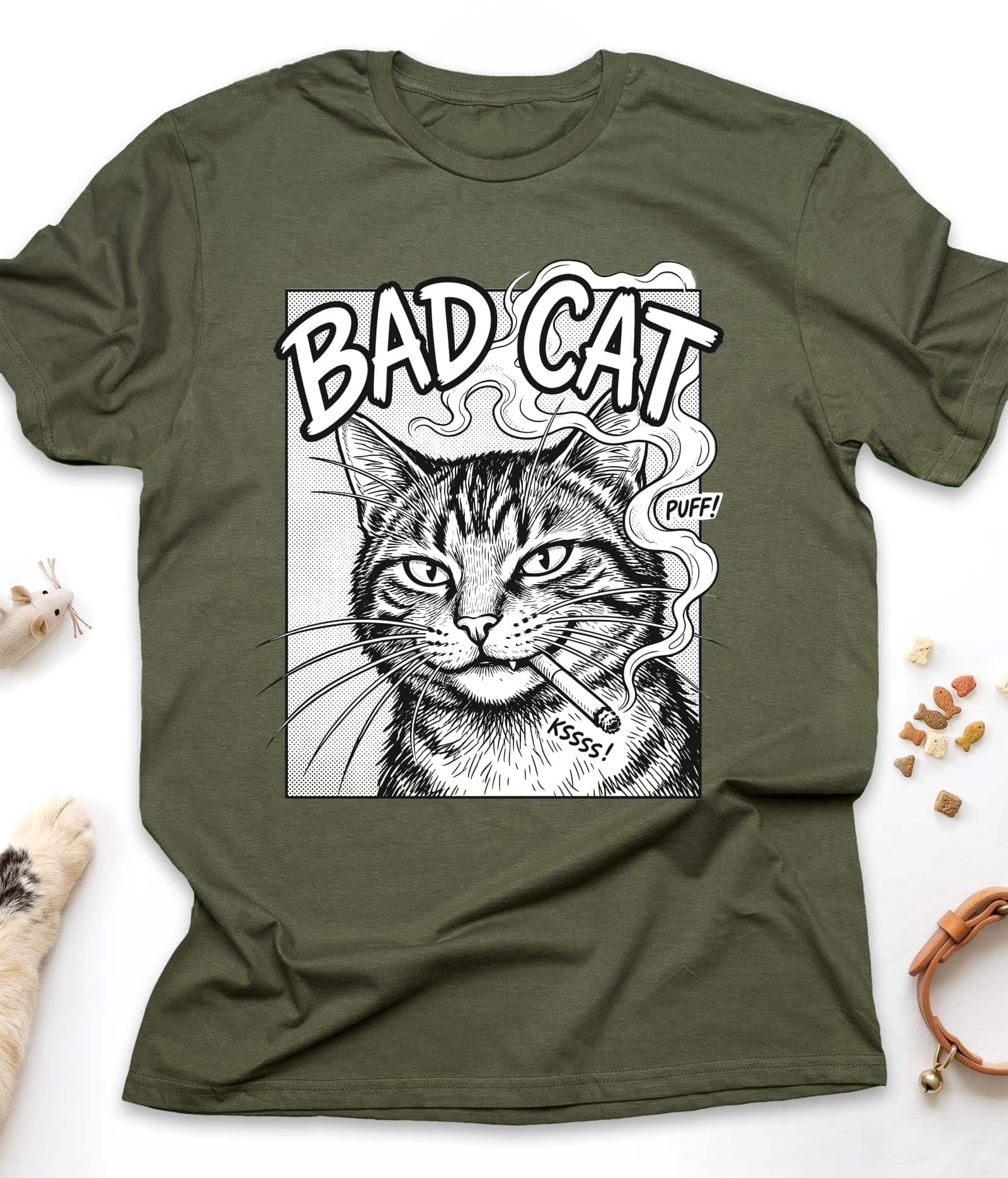 Military Green funny cat t-shirt with "Bad Cat" design, front view