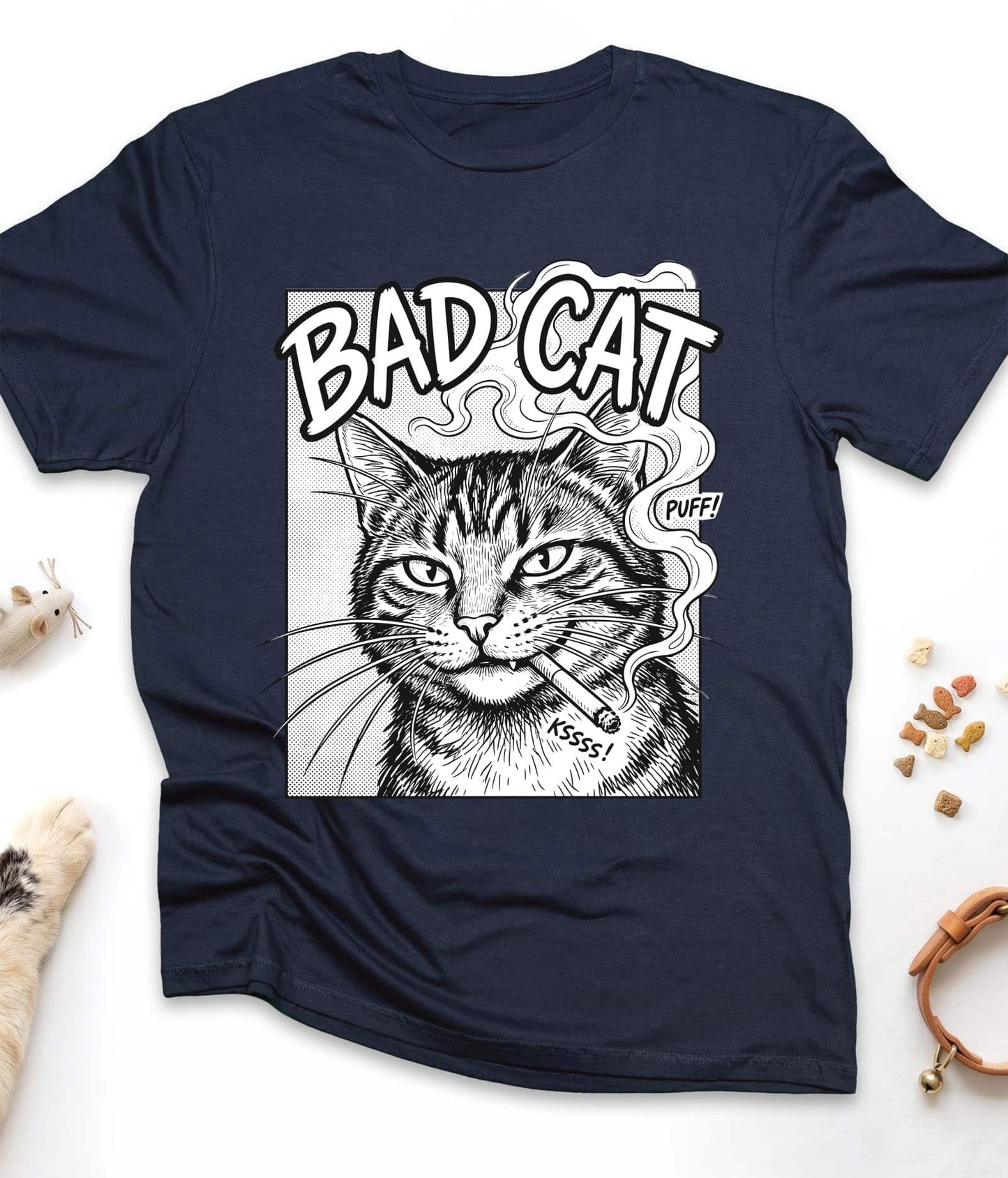 Navy funny cat t-shirt with "Bad Cat" design, front view