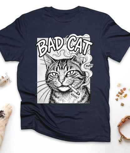 Navy funny cat t-shirt with "Bad Cat" design, front view