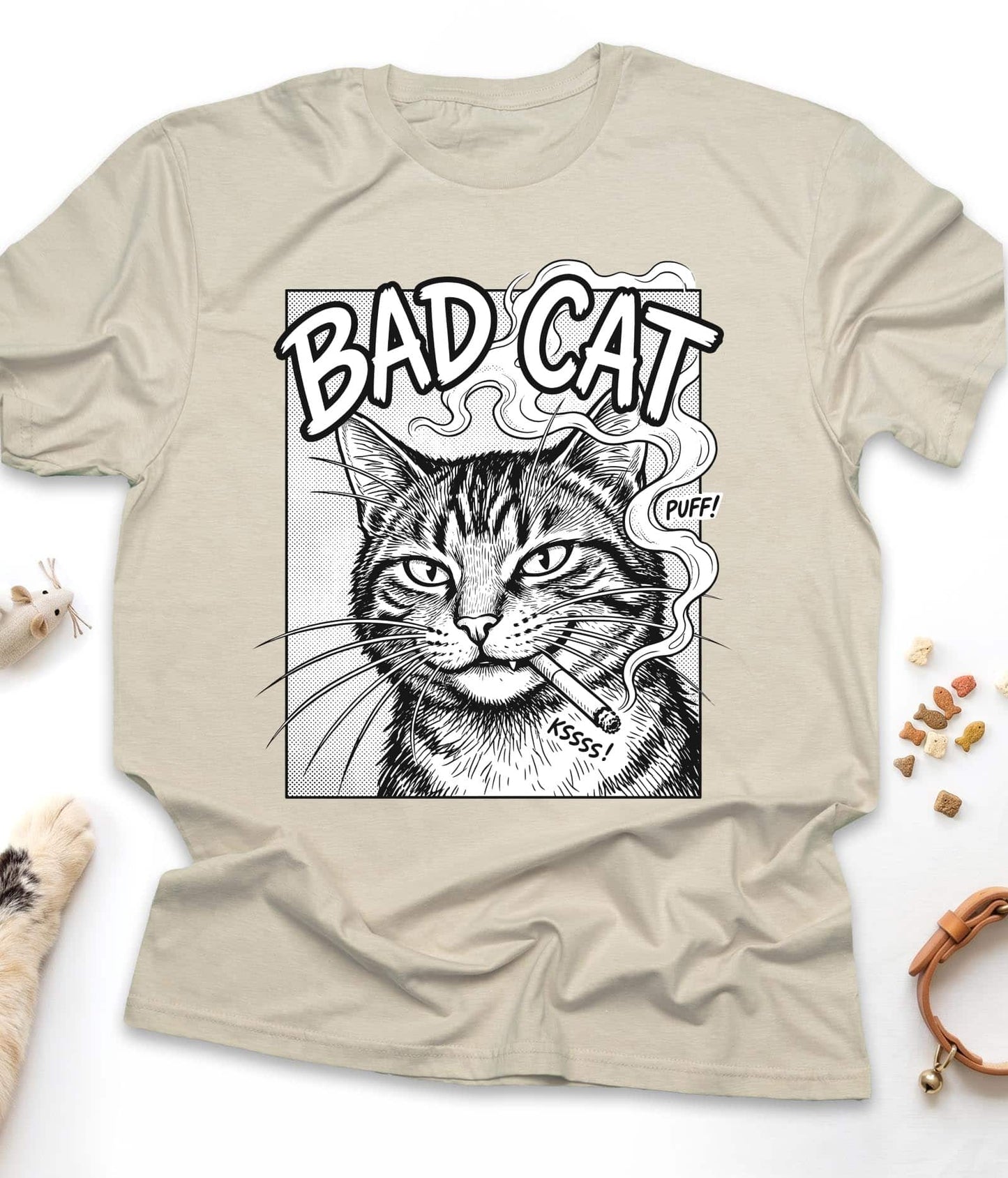 Sand funny cat t-shirt with "Bad Cat" design, front view