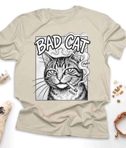 Sand funny cat t-shirt with "Bad Cat" design, front view