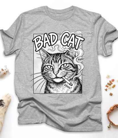 Sport Grey funny cat t-shirt with "Bad Cat" design, front view