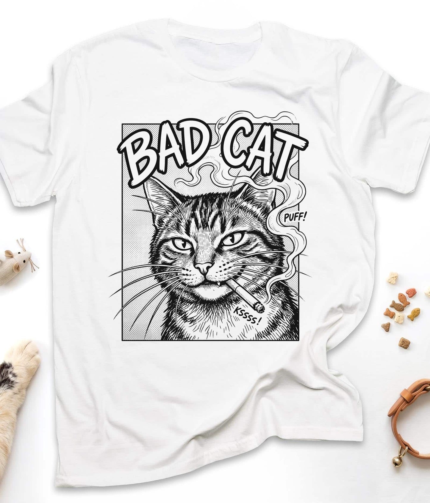 White funny cat t-shirt with "Bad Cat" design, front view