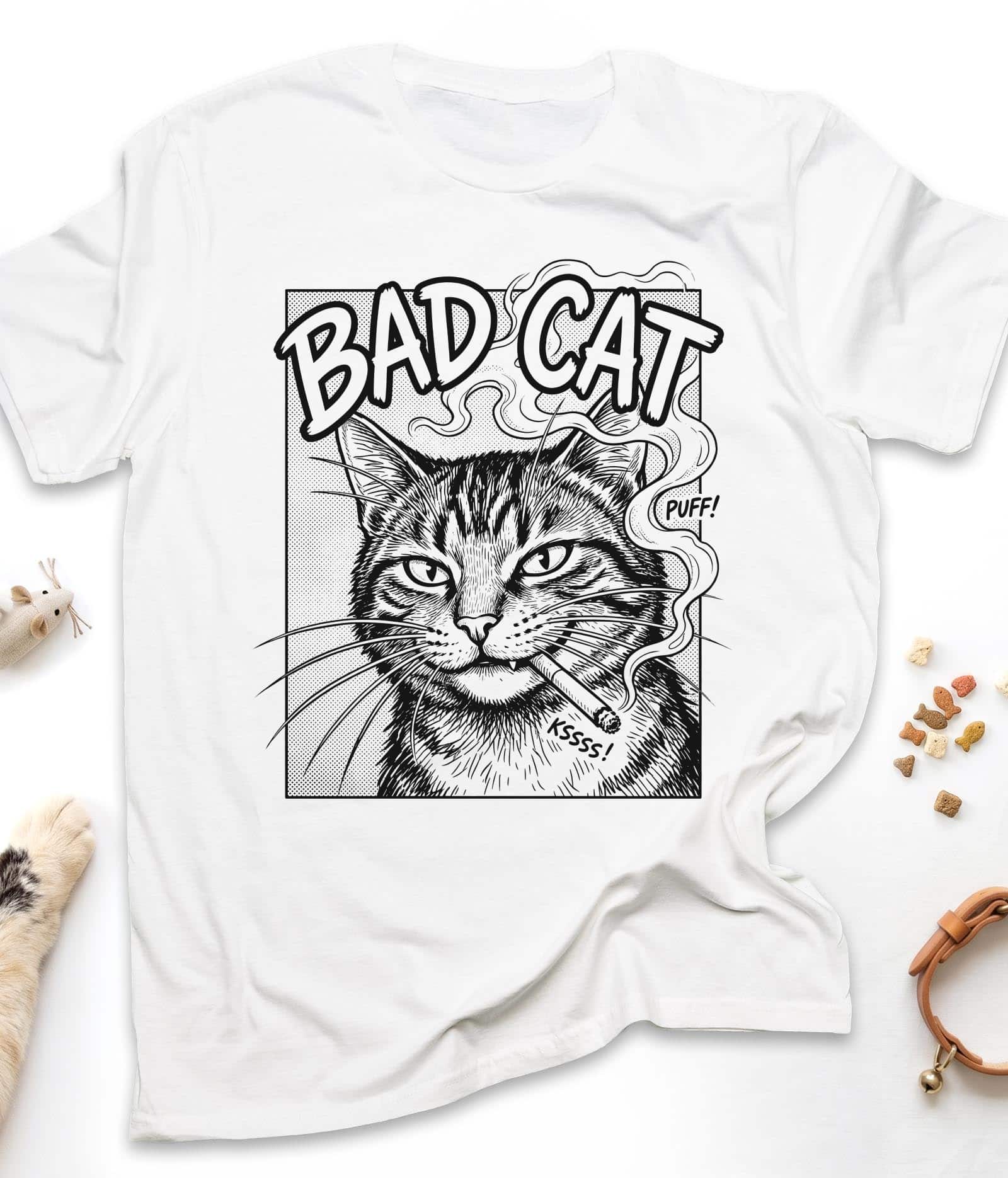 White funny cat t-shirt with "Bad Cat" design, front view